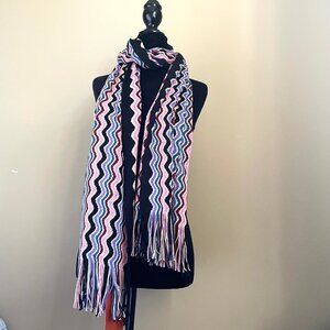 Missoni Wool Blend Fringe Scarf Black Blue Zigzag Chevron 18x72